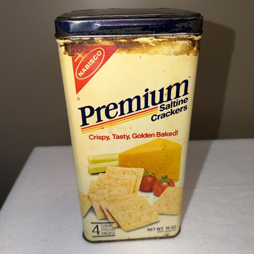 Vintage Nabisco Premium Saltine Crackers Advertising Tin Cream Red Blue Green